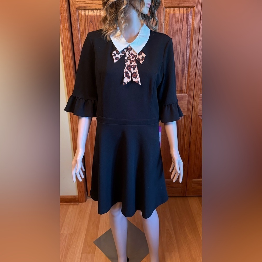 NWT Betsey Johnson Leopard Tie Front Fit & Flare Black Dress White Collar Sz 12